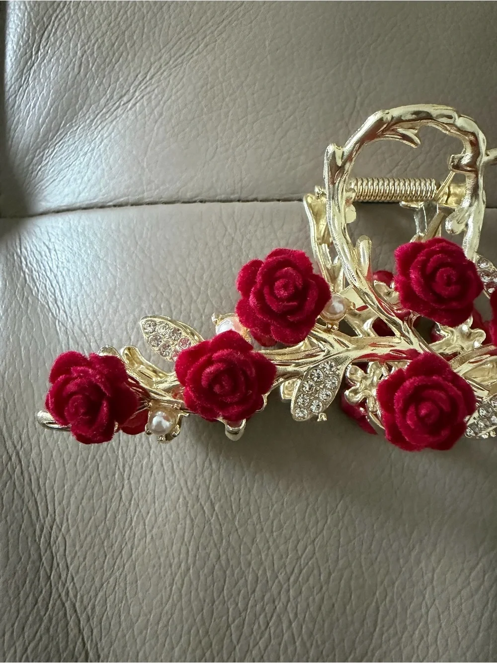 Romantic Red Rose Hair Claw Clip Gold Floral Rhinestone Updo Accessory